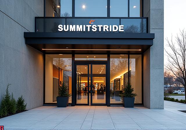 The modern entrance to the SummitStride Athletics facility in Toronto.